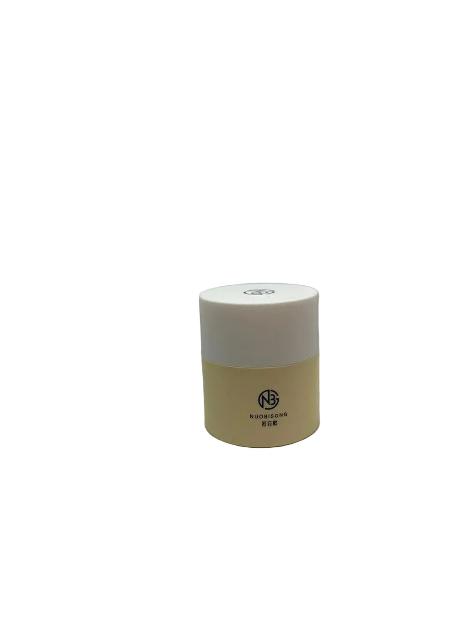 Small cylindrical container with a white lid on a light gray background