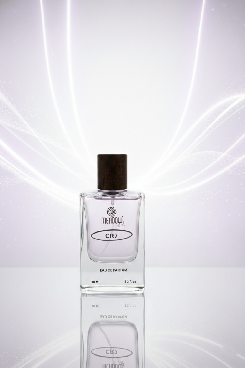 Perfume bottle with a reflective surface on a light background