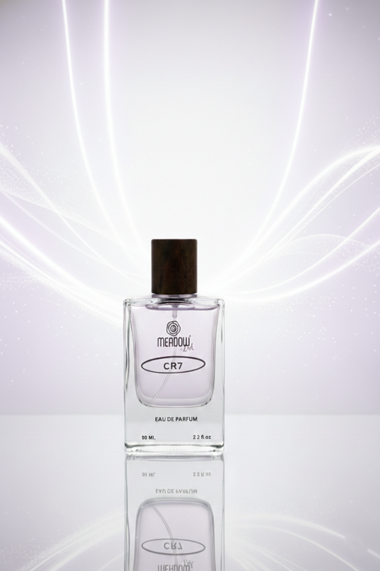 Perfume bottle with a reflective surface on a light background