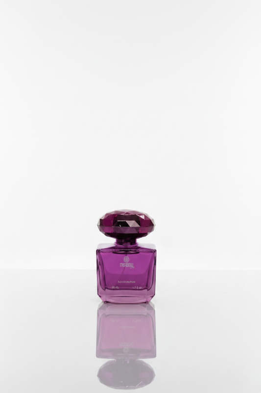 Purple perfume bottle with a reflective surface on a white background