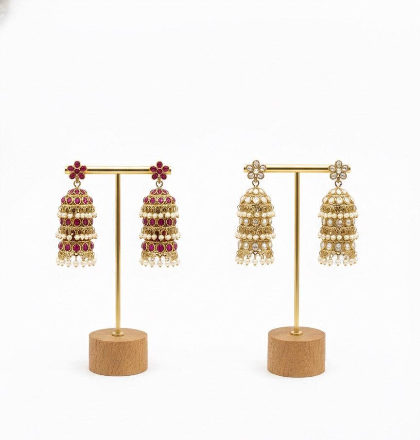 Royal Ruby & Pearl Temple Jhumka Earrings