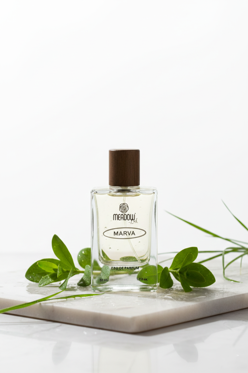 Perfume bottle labeled 'Meadow' with green leaves on a white background