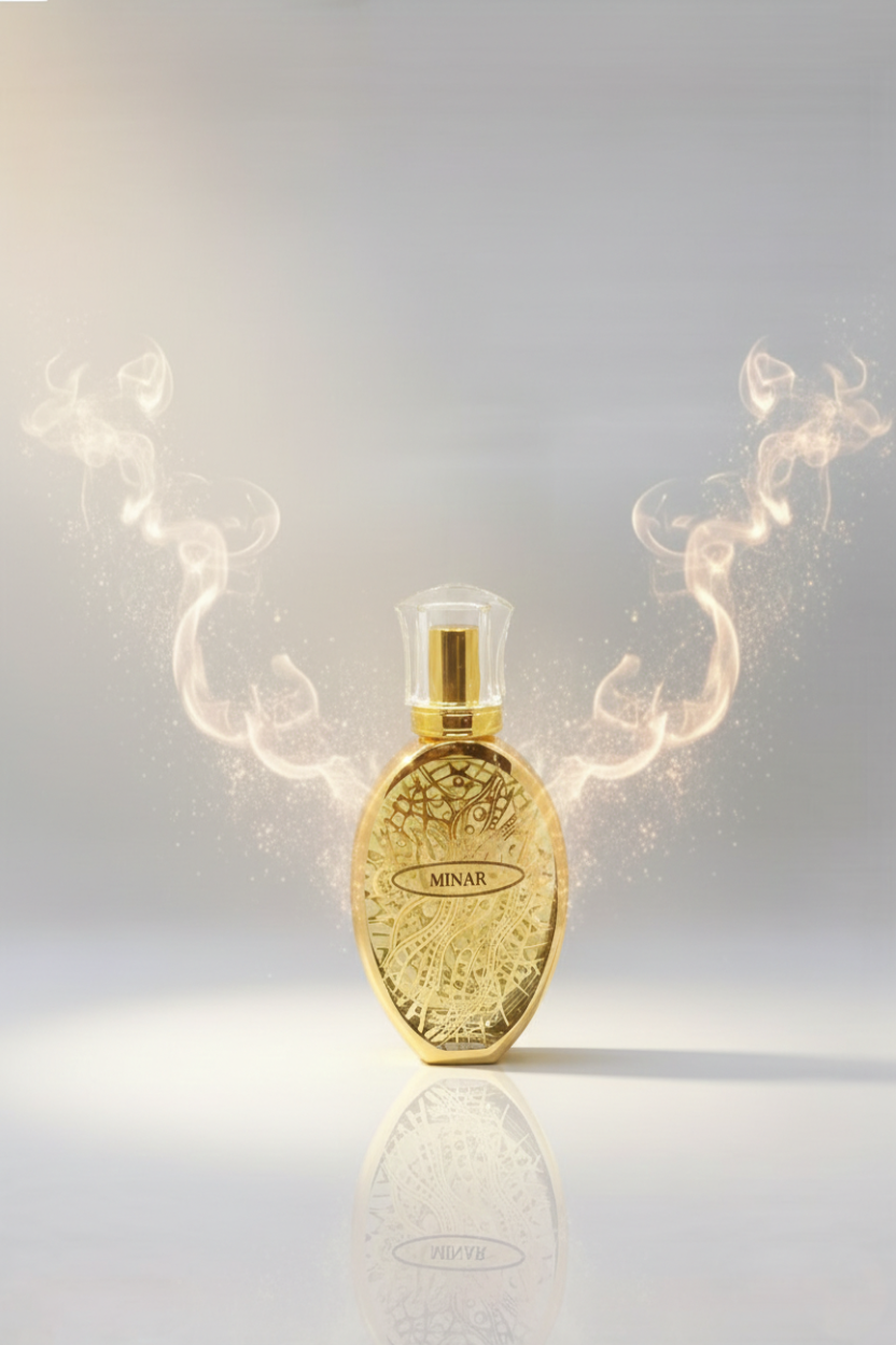 Gold perfume bottle with decorative design on a light gray background