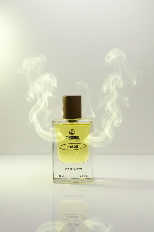 Perfume bottle labeled ' Poison' with smoke effect on a light gray background