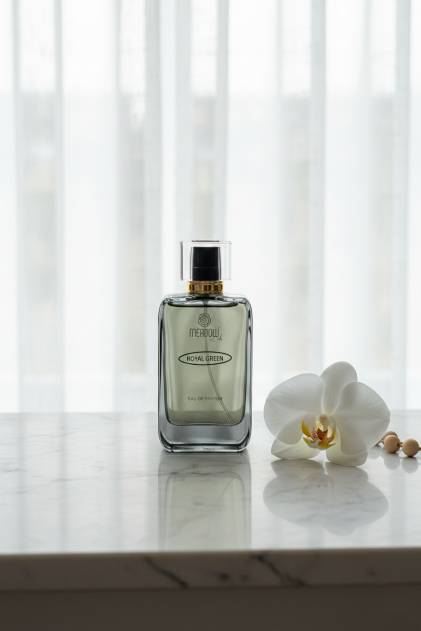 Perfume bottle with a white orchid on a marble surface