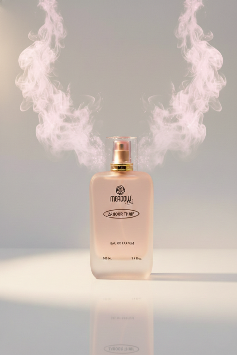 Perfume bottle with smoke effect on a neutral background